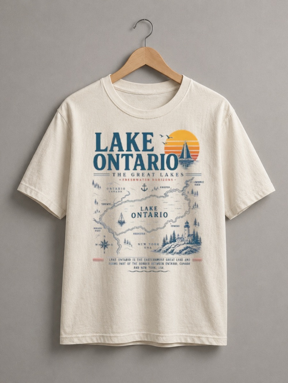 Off White Lake Ontario Graphic Tee with Navy & Sunset Accents